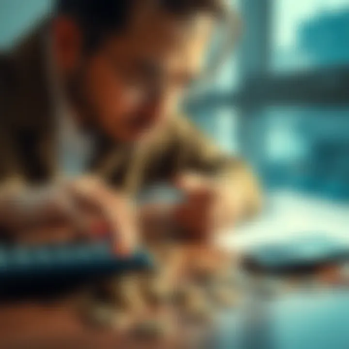 A person contemplating financial choices with coins and a calculator on the table.