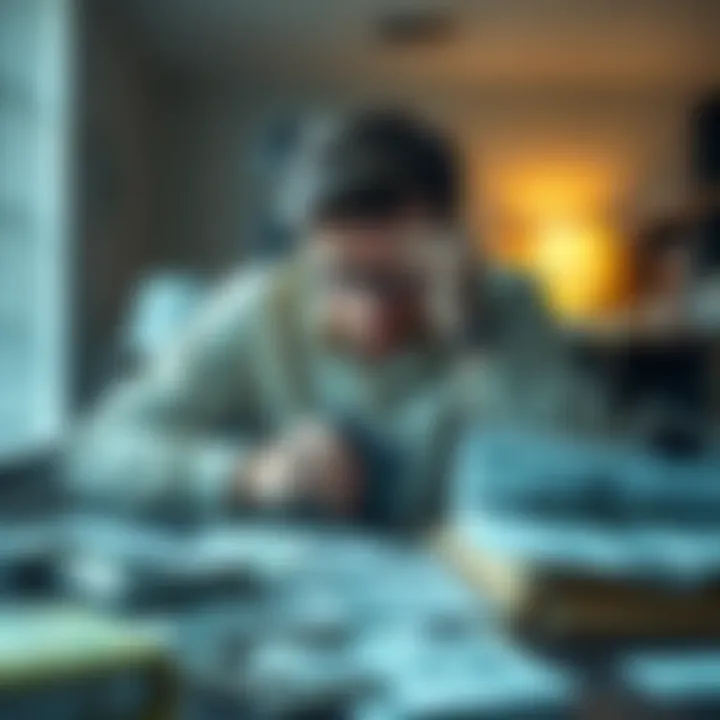 A person sits at a table with bills and empty wallet, looking worried and stressed about their finances.