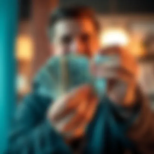 A person holds a stack of cash with a hopeful expression, indicating financial support and assistance.