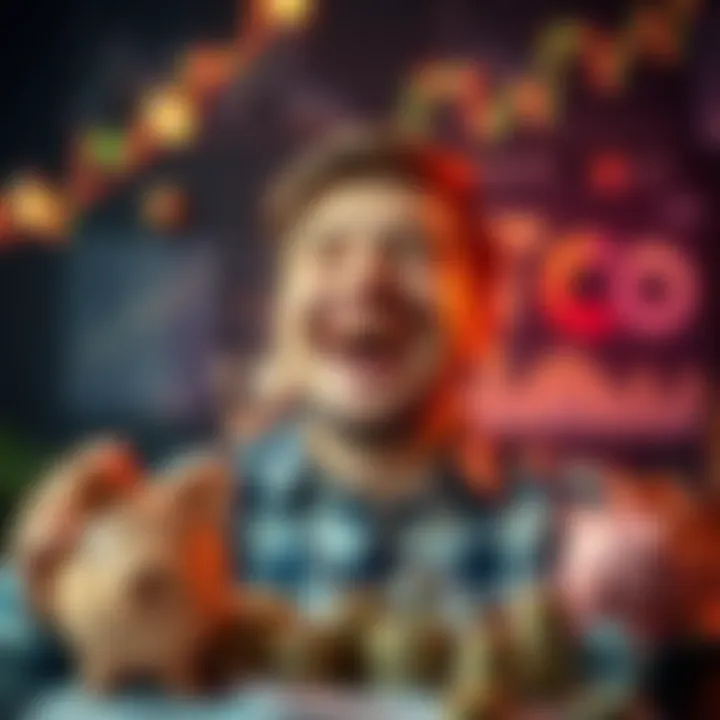 A person celebrating their financial independence with a joyful expression, surrounded by symbols of money and strategy, like a piggy bank and charts.