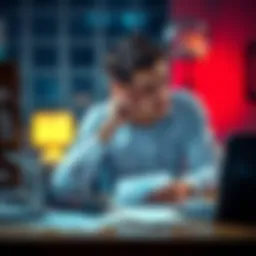 Financial Loss Concept A person looking worried while sitting at a desk with bills and a calculator, showing signs of financial stress.