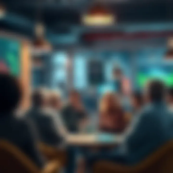 People discussing financial losses and market changes in a community setting