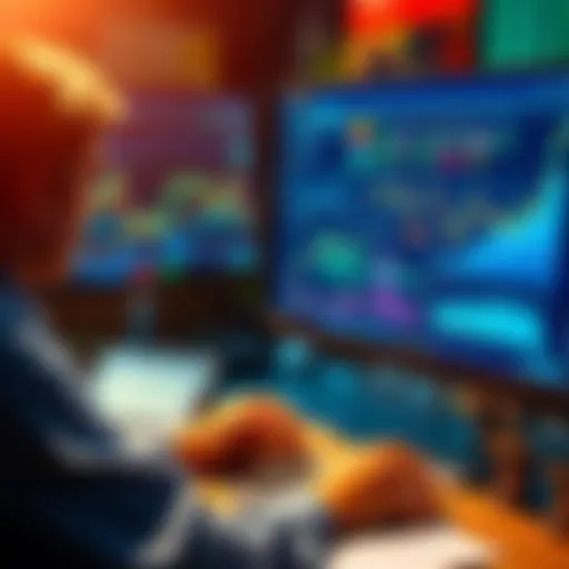 Financial market hedging strategies A person analyzing financial charts and data on a computer, with graphs illustrating risk management strategies