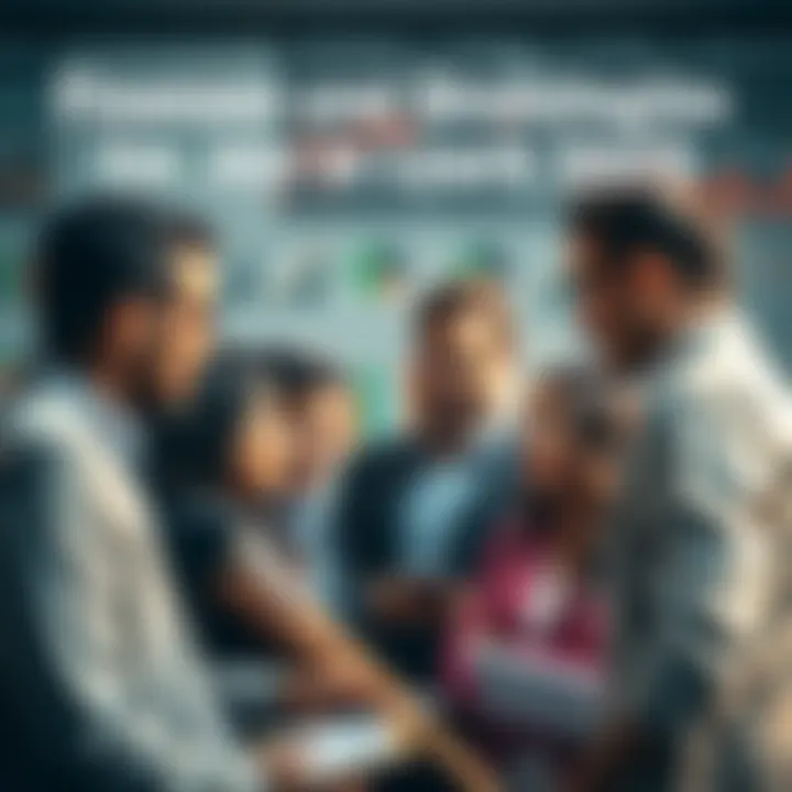 A group of diverse people discussing investment strategies with financial charts and graphs in the background.