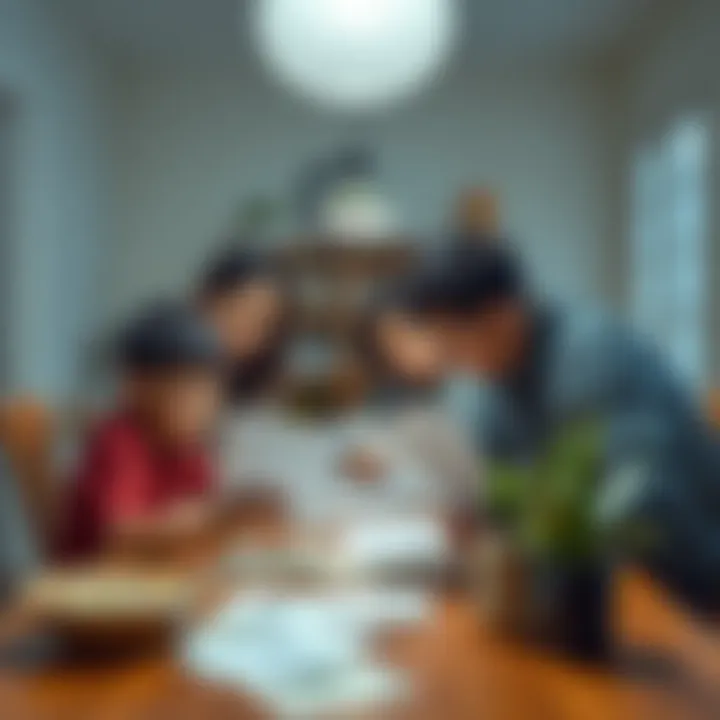 A worried family reviewing bills at the dining table in California, showing the stress of financial challenges.