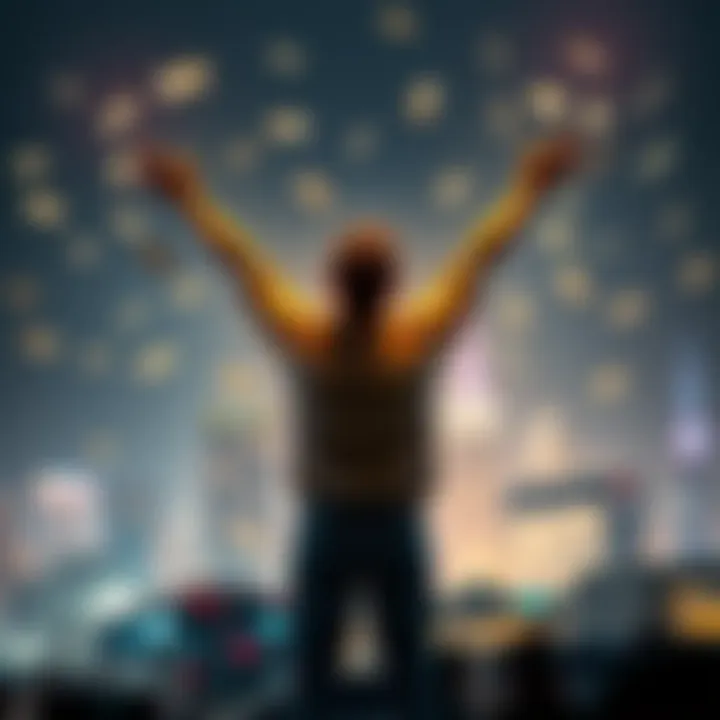 A person standing with arms raised in celebration, surrounded by money symbols and a city skyline in the background.