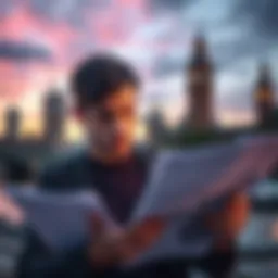 A worried person looks at financial documents with a backdrop of London's skyline, reflecting economic concerns.