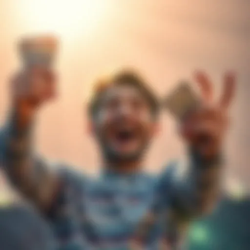 A person celebrating a financial win A person excitedly holding cash with a bright background, symbolizing a big financial gain