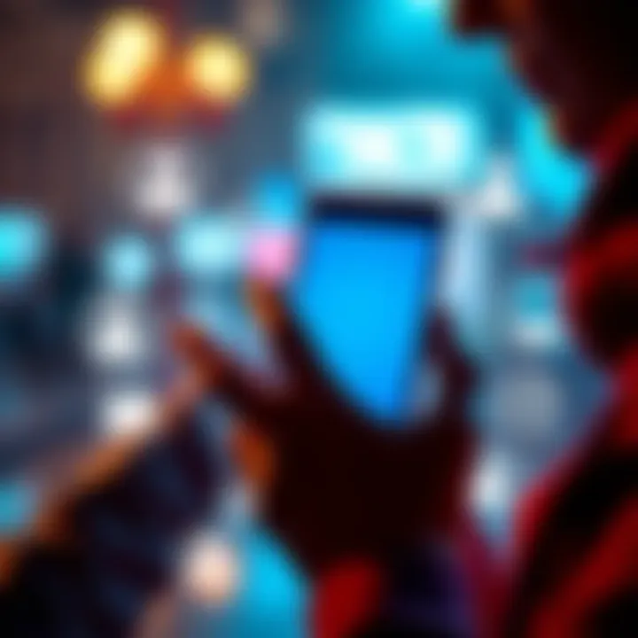 A person looking for assistance on a smartphone, with various icons representing support services around them.