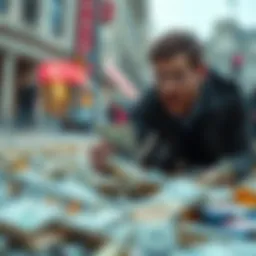 A person looking surprised while picking up cash from the ground
