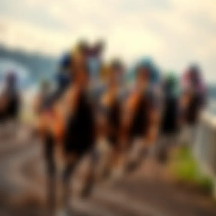 A race scene showing horses competing on the track with intense focus on one horse moving ahead.