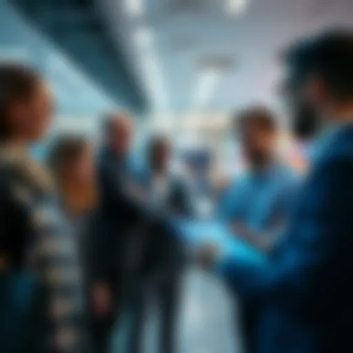 A group of business people discussing licensing options for fintech startups in a modern office setting