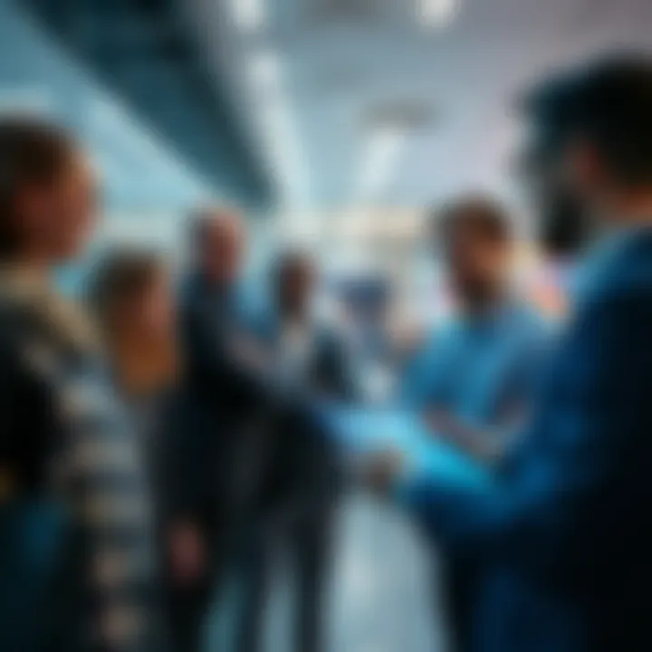 A group of business people discussing licensing options for fintech startups in a modern office setting