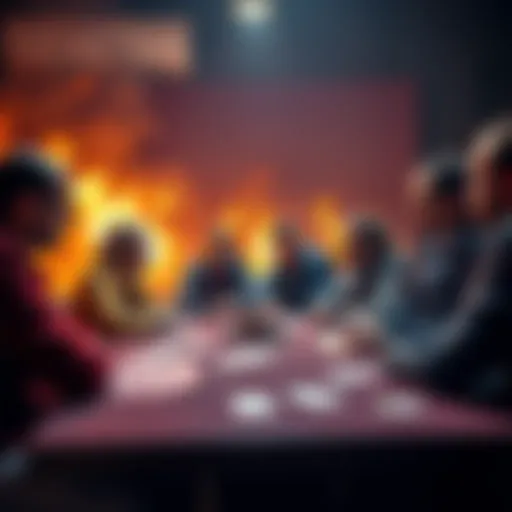 A group of people discussing their experiences with fire bets at a table with betting slips and chips