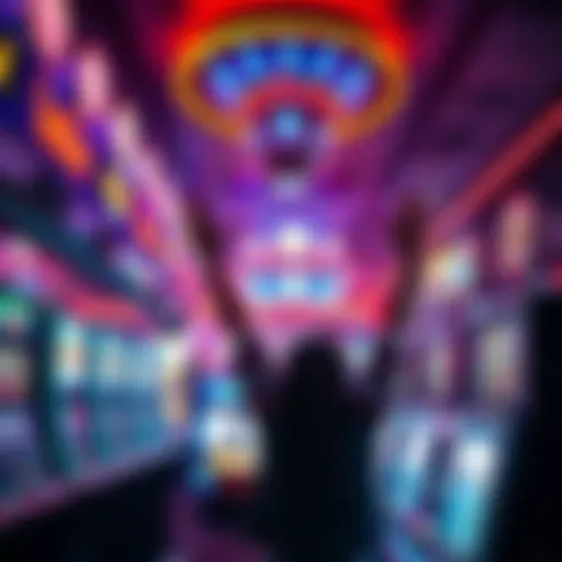 A person excitedly entering a casino in Detroit, surrounded by bright lights and slot machines.