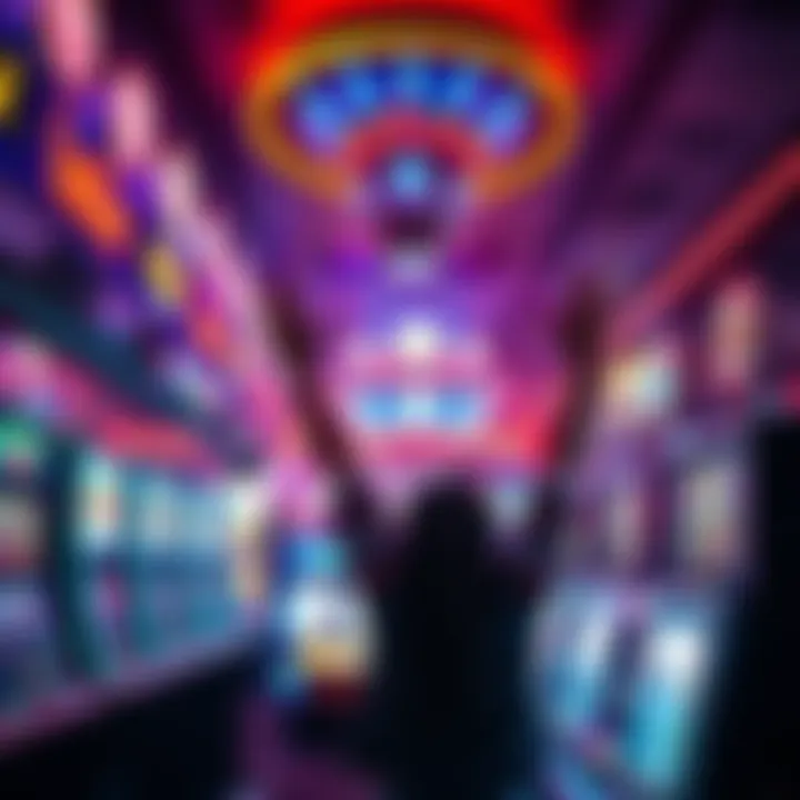 A person excitedly entering a casino in Detroit, surrounded by bright lights and slot machines.
