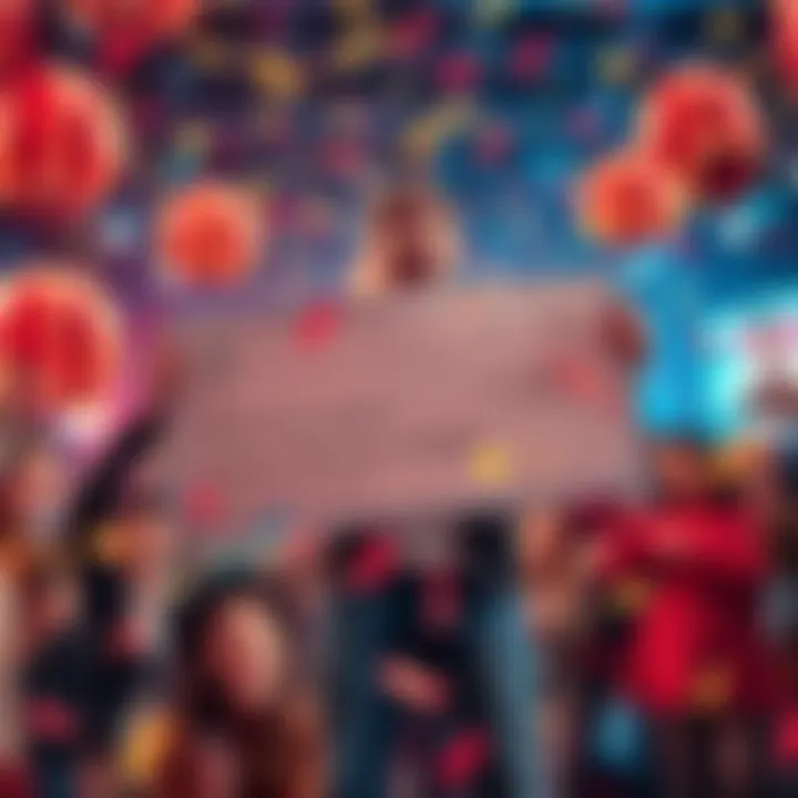 A joyful person holding a giant check celebrating their first jackpot win, surrounded by confetti and friends