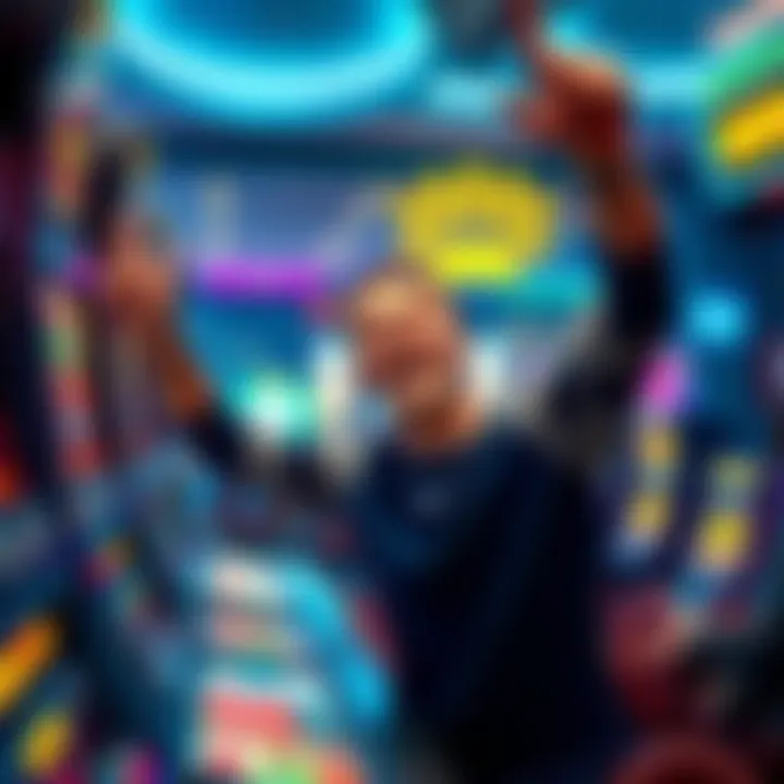 A joyful player celebrating their first jackpot win with a $1 bet in a casino setting