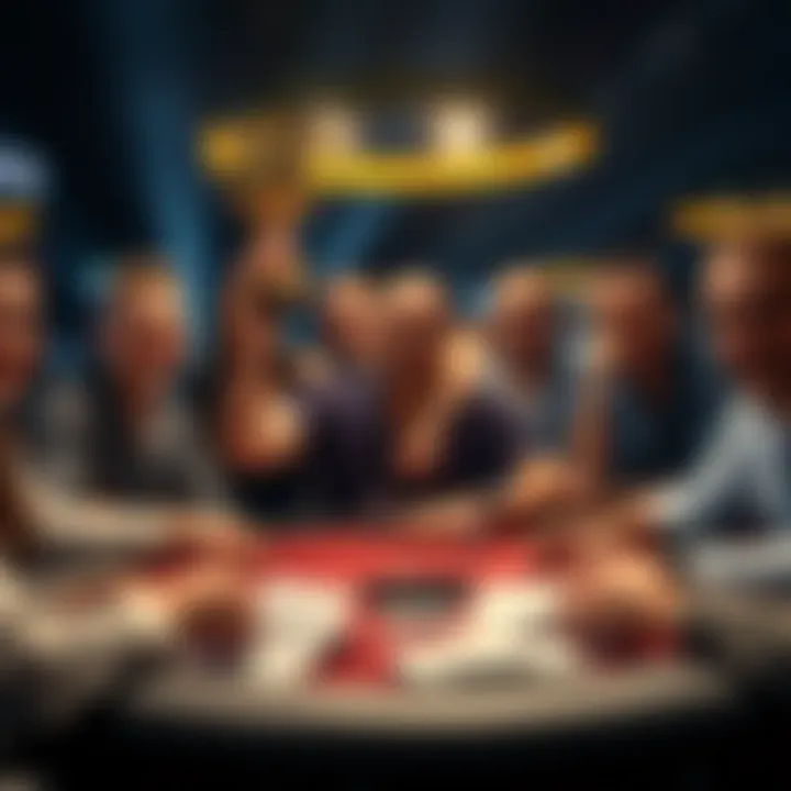 A player celebrating their first poker tournament victory with a trophy and friends around a poker table.