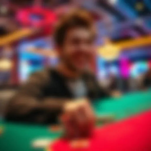 A person playing blackjack at a casino table, looking excited and focused while chips are stacked in front of them