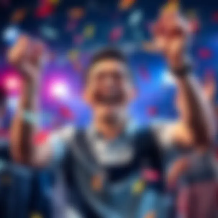 A happy player celebrating their first big win of the year with confetti and a joyful expression.