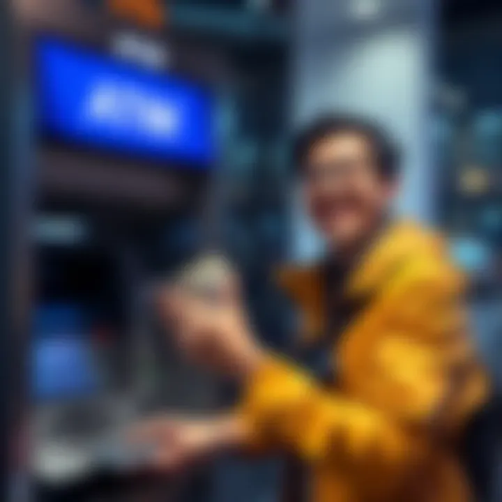 A person happily withdrawing cash from an ATM, showing excitement about their first payout