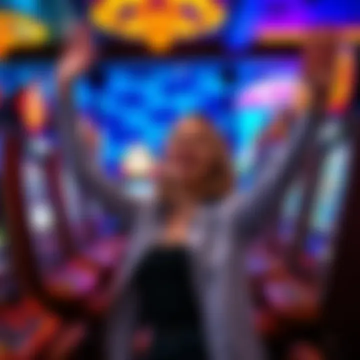 First Casino Experience A woman celebrating her wins at colorful slot machines in a casino.