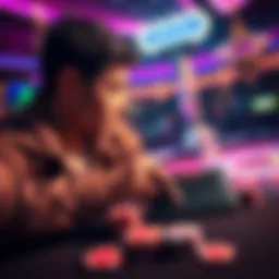 A person contemplating how much money to bring to the casino, looking at a wallet and casino chips on a table.