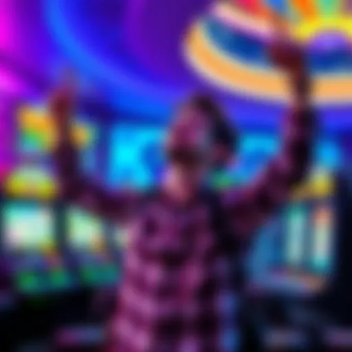 A person celebrating their first big win at a casino with colorful slot machines in the background.