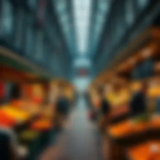 A bustling market scene showcasing various stalls with fresh produce and people shopping