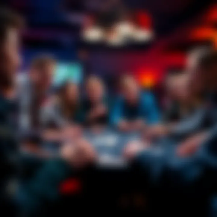 A group of young adults gathered around a poker table, excitedly playing cards at a casino setting for the first time.