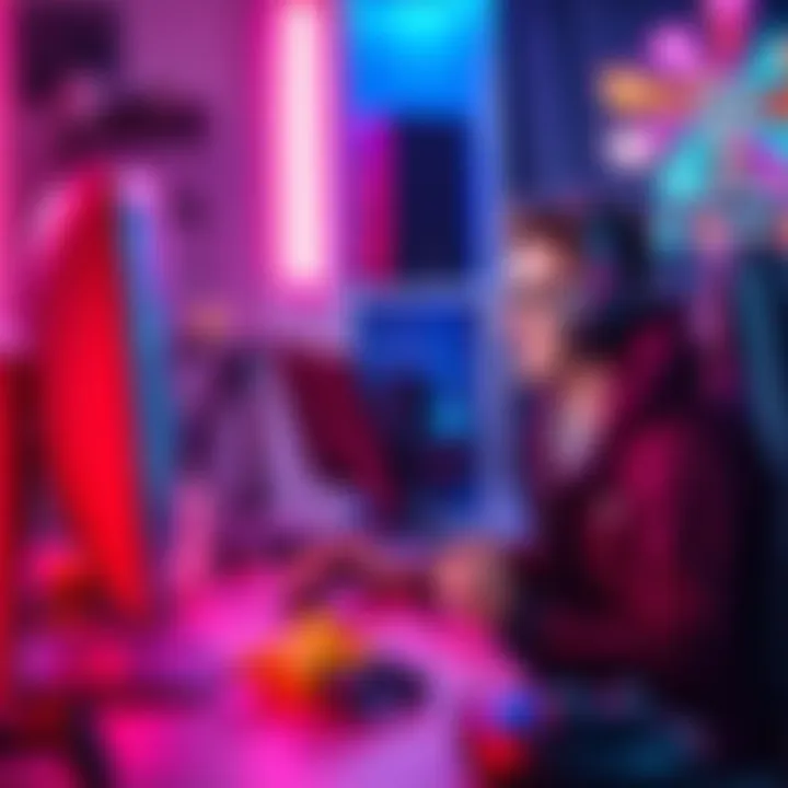 A gamer sitting at a desk, focused on a computer screen, surrounded by game controllers and snacks, showcasing a mix of excitement and concentration during gaming sessions.