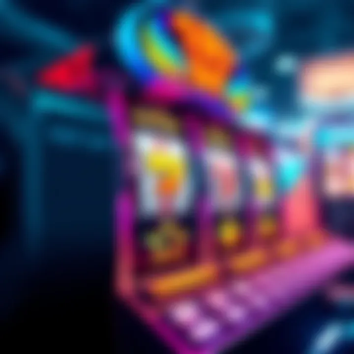 A colorful online slot machine with spinning reels and bright symbols, representing the first online slot game.