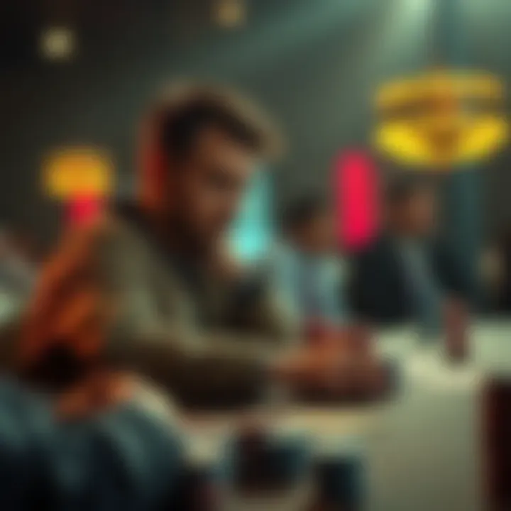 A focused player studying poker strategies at a table, preparing for their first tournament.