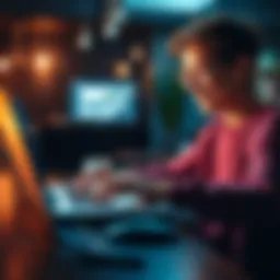 A person smiling while typing on a laptop, symbolizing the joy of making a first post in a discussion forum