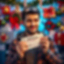 A person looking confused while holding a lottery ticket, surrounded by colorful lottery tickets and a backdrop of festive decorations, feeling disappointment but still smiling, symbolizing hope for f...