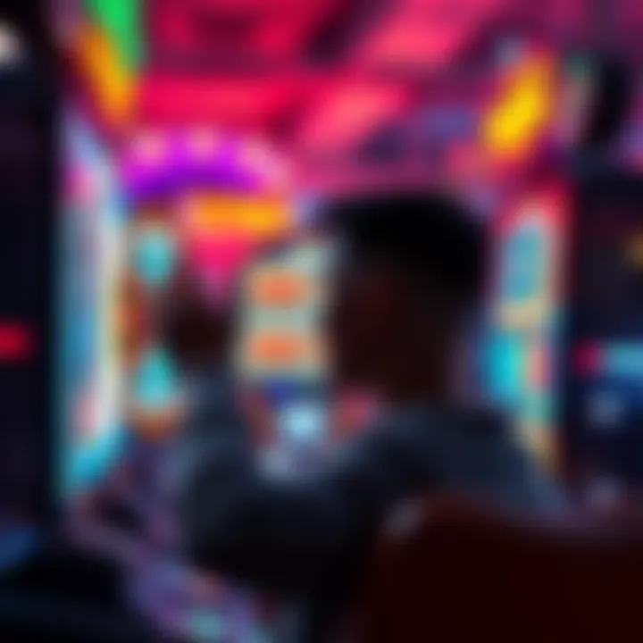 A player excitedly watching the first spin of a colorful new slot machine, with lights flashing and sounds ringing.