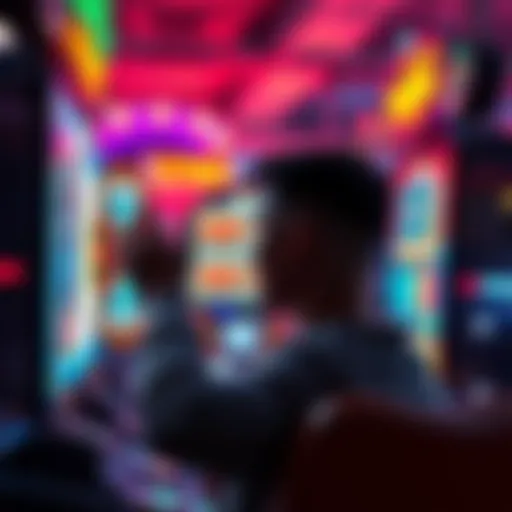 First Spin at New Slot Machine A player excitedly watching the first spin of a colorful new slot machine, with lights flashing and sounds ringing.