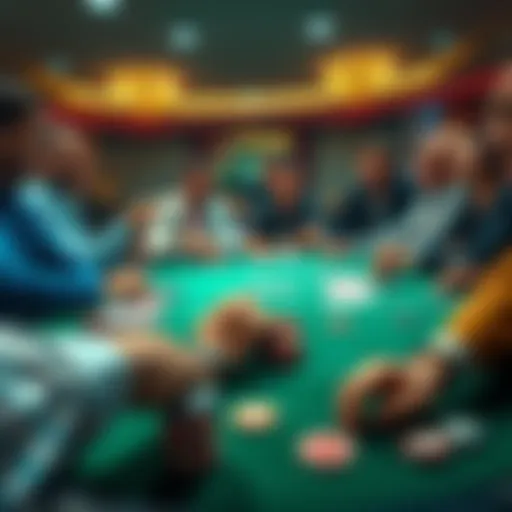 A poker table with players excitedly reacting to the first straight flush hand, showing cards and chips in play.