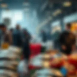 A bustling fish market scene showing people examining fish stalls with a sense of concern, authorities in the background monitoring the situation, indicating potential illegal practices.
