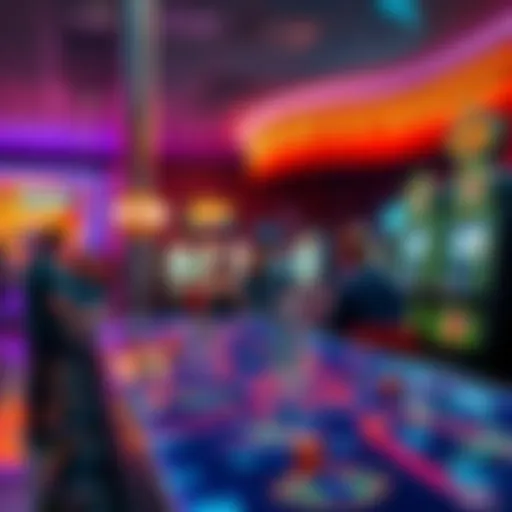 A vibrant scene showing a fishing table with people playing and a nearby slot machine with colorful graphics and lights