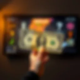 A person holding a five-dollar bill with a vision board in the background, representing aspirations and success.