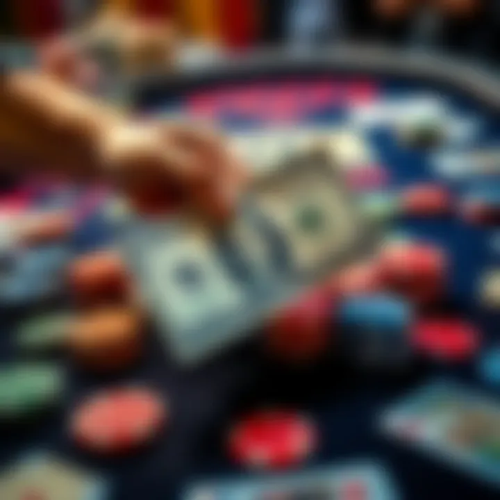 A close-up of a hand placing a five dollar bill on a gambling table surrounded by colorful chips and cards.