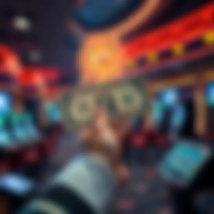 A person's hand holding a five dollar bill with a casino in the background, symbolizing hope for a big win.