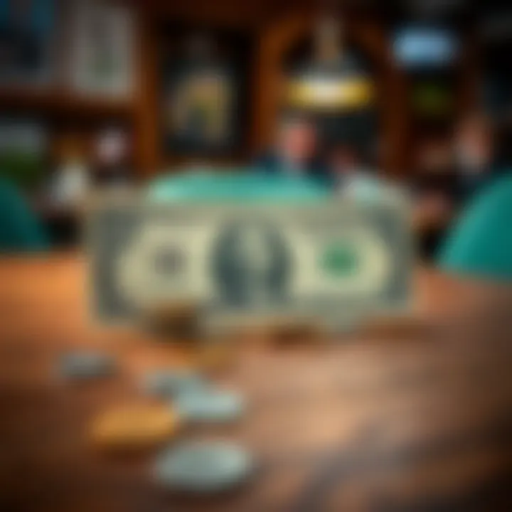 A five dollar bill placed on a wooden table with some coins around it, symbolizing everyday spending.