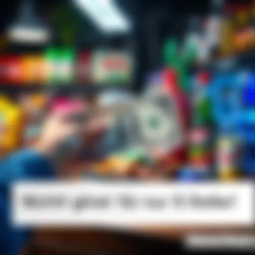 A hand holding a five dollar bill next to various products like snacks and drinks, showcasing good value for budget buyers.