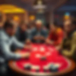 A lively game table with five players engaged in an exciting card game, showing a mix of focus and interaction among them.