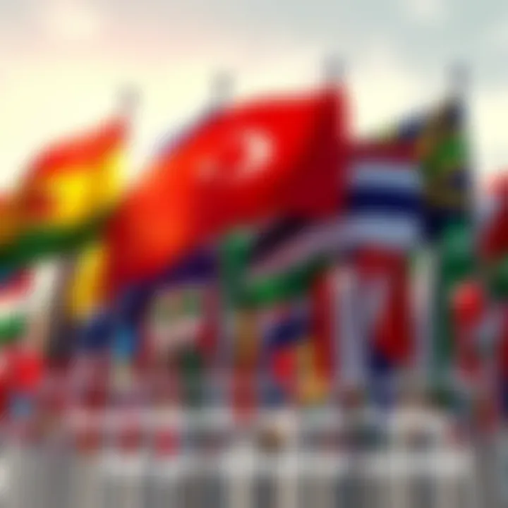 Flags of different countries Various national flags waving together symbolizing sovereignty and global relations.