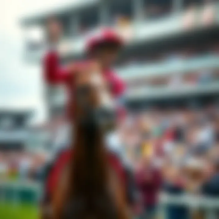 Jockey Flavian Prat celebrating his victory after winning a race on Whitney Day in Saratoga, with a crowd cheering in the background.