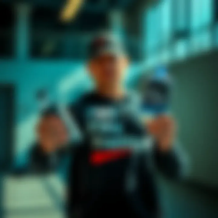 A person showcasing items for Flex Freitag, including workout gear and motivational quotes, in a bright setting.